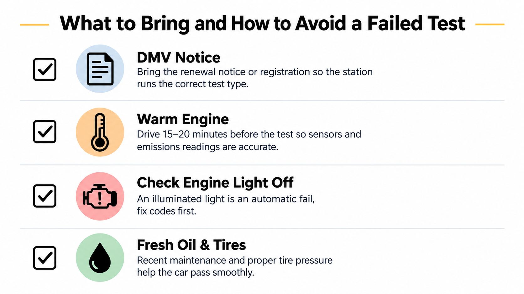 An infographic checklist outlining essential steps to prepare for a vehicle emissions test and avoid failure.