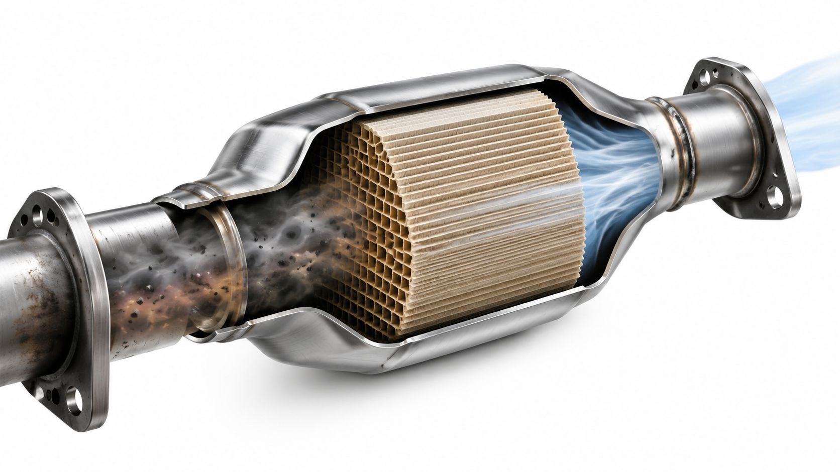 A cutaway view of a car catalytic converter showing dirty exhaust gas turning into clean emissions.