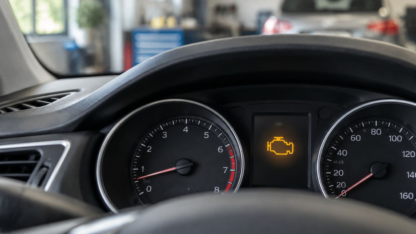 Close-up view of a car dashboard showing a glowing yellow check engine light symbol.