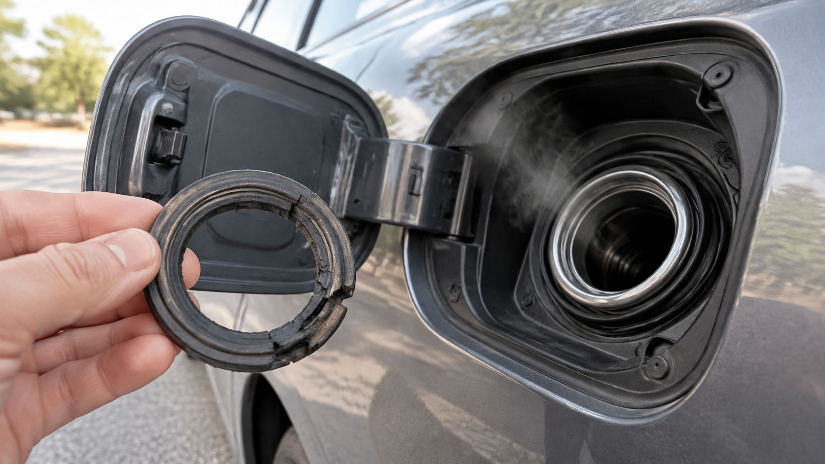 A hand holding a cracked and worn car fuel filler neck rubber seal next to a steaming gas tank.