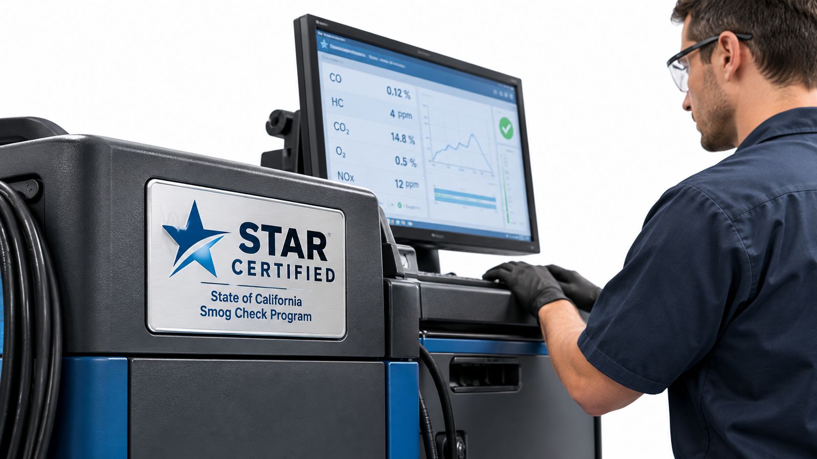 A technician using a Star Certified smog check station machine to perform vehicle emissions testing.